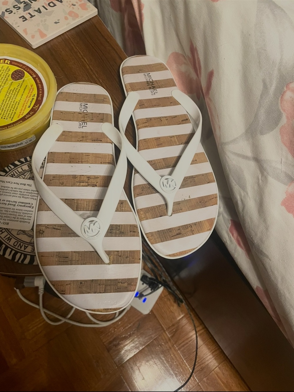 Michael Kors White Striped Cork-Effect Flip Flops